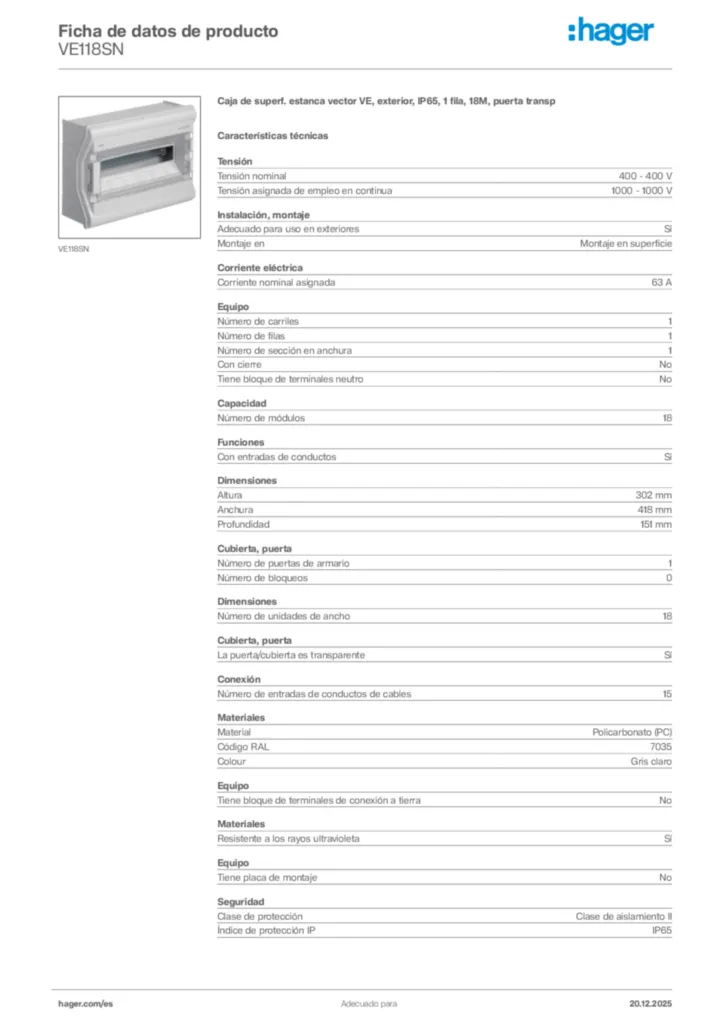 Imagen Hager Ficha de datos de producto VE118SN | Hager España