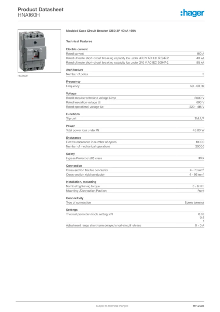 Image Hager Product data sheet HNA160H  | Hager Africa