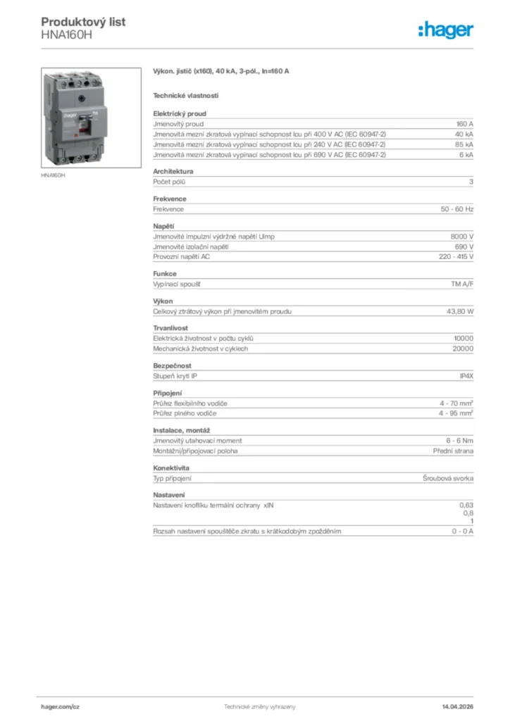 Obrázek Hager Product data sheet HNA160H | Hager