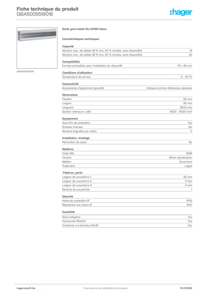 Image Hager Fiche technique du produit GBA5008519016 | Hager Belgique