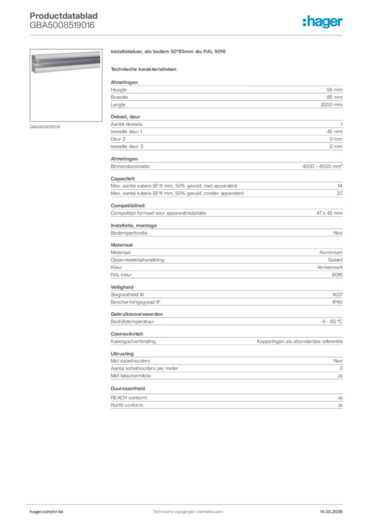 Afbeelding Hager Productdatablad GBA5008519016 | Hager Belgium