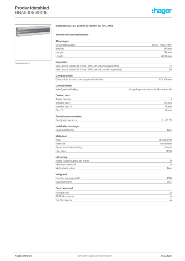 Afbeelding Hager Productdatablad GBA5008519016 | Hager Belgium