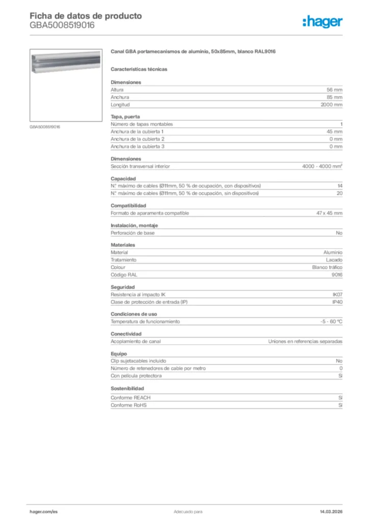 Imagen Hager Ficha de datos de producto GBA5008519016 | Hager España