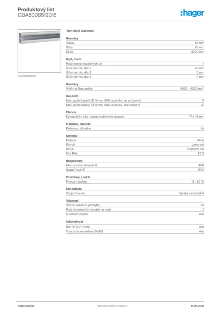 Obrázek Hager Product data sheet GBA5008519016 | Hager