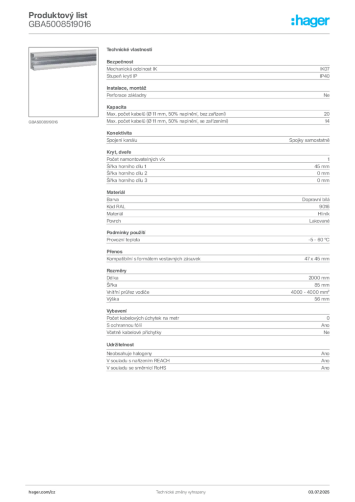 Obrázek Hager Produktový list GBA5008519016 | Hager