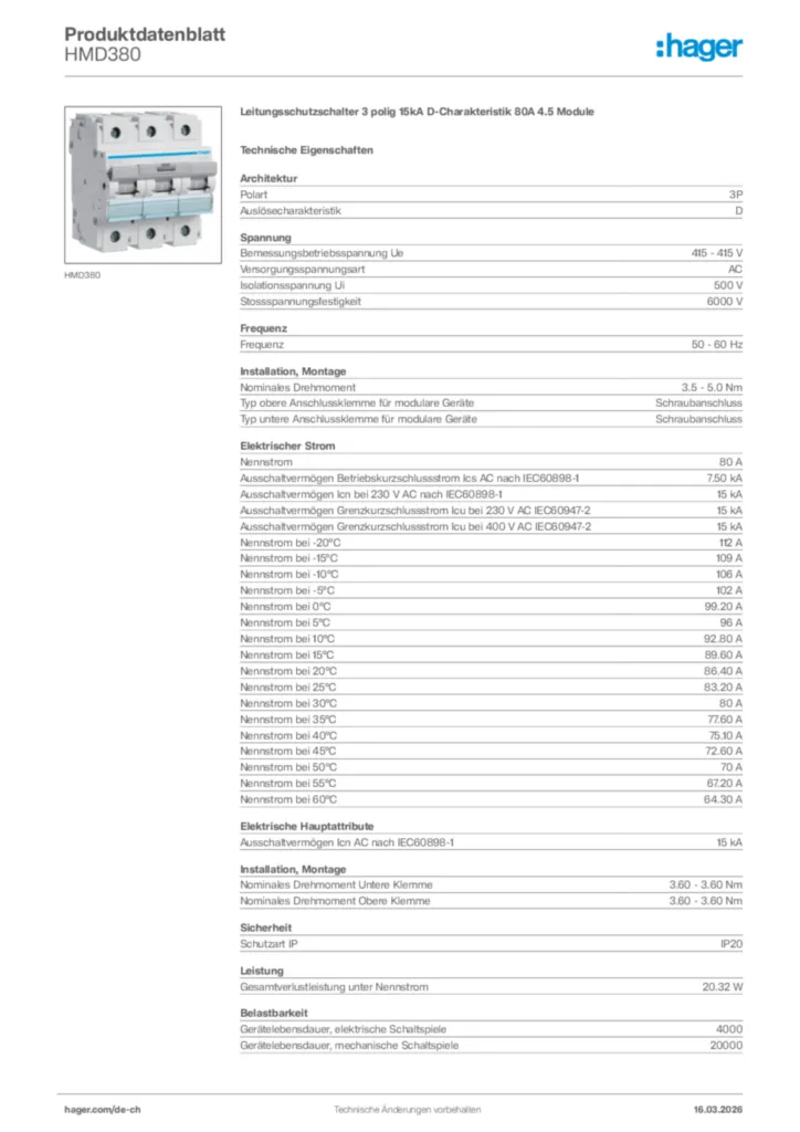 Bild Hager Produktdatenblatt HMD380 | Hager Schweiz