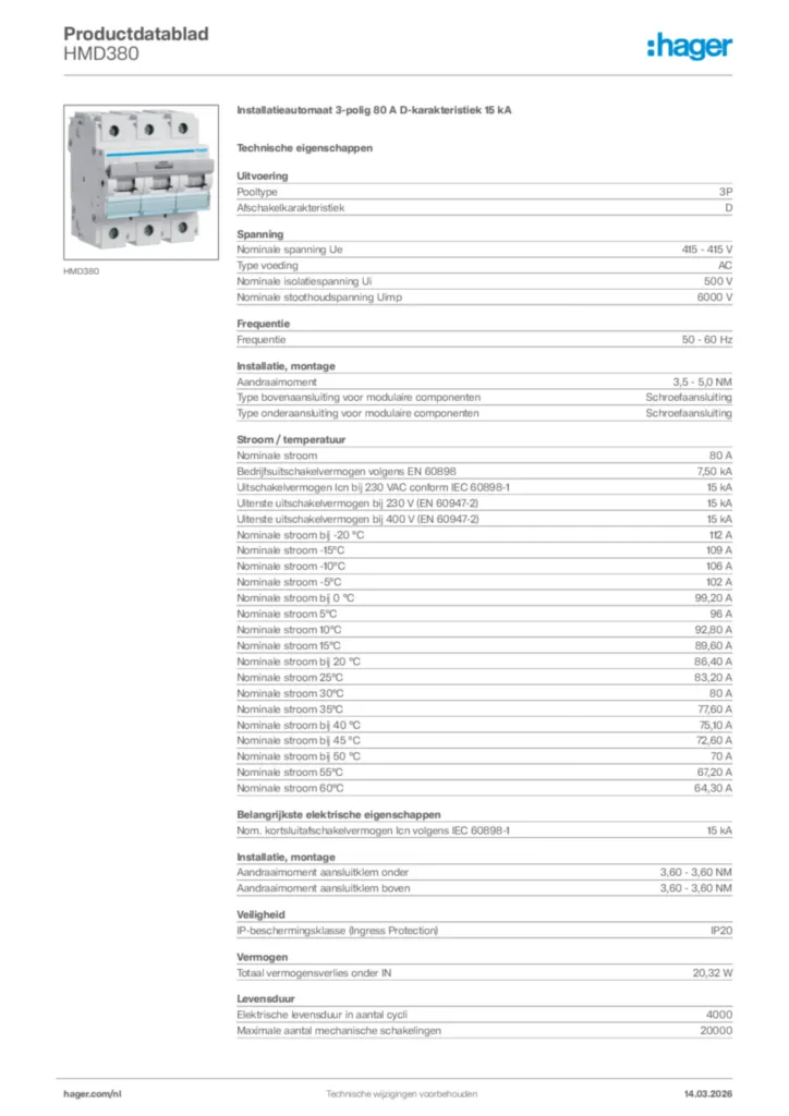 Afbeelding Hager Productdatablad HMD380 | Hager Nederland