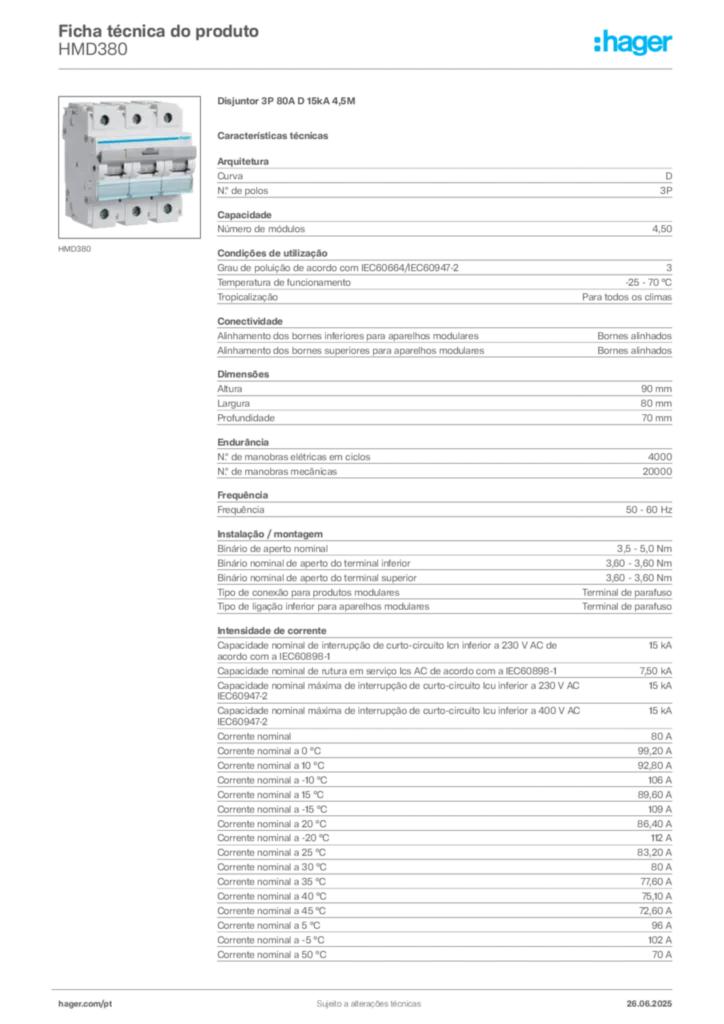 Imagem Hager Ficha técnica do produto HMD380 | Hager Portugal