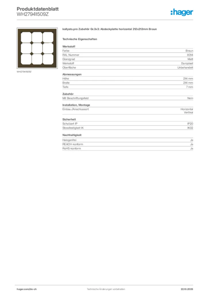 Bild Hager Produktdatenblatt WH27941509Z | Hager Schweiz