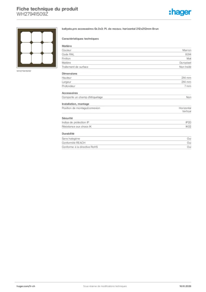 Image Hager Fiche technique du produit WH27941509Z | Hager Suisse
