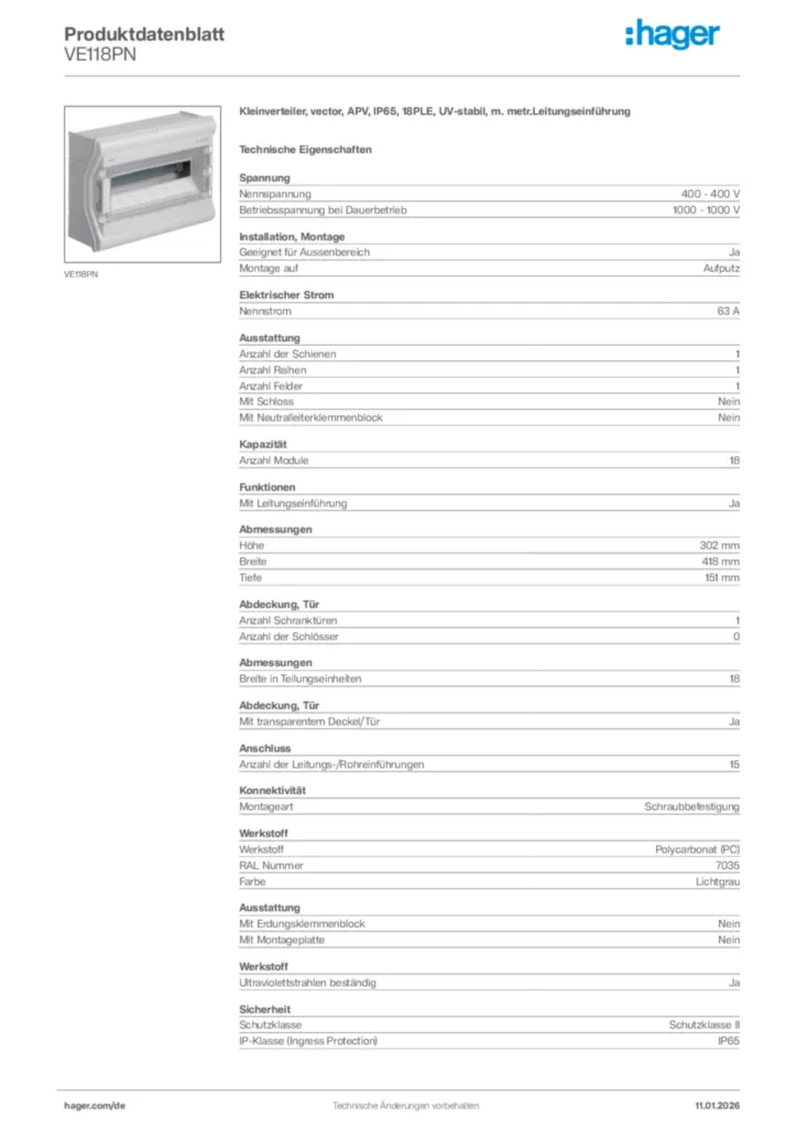Hager Produktdatenblatt VE118PN