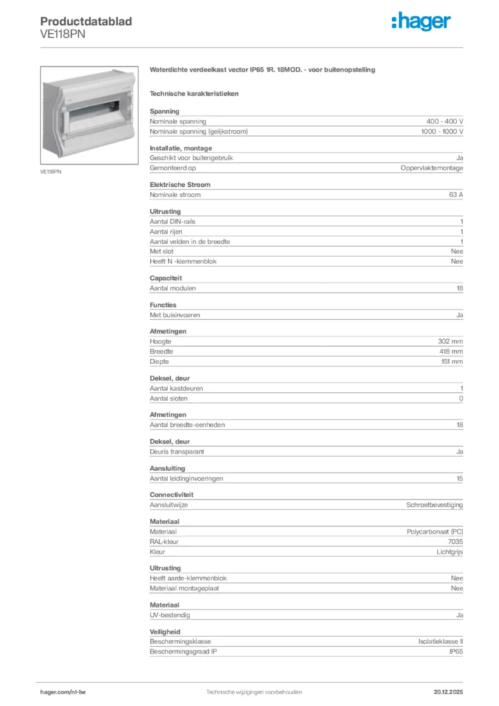 Afbeelding Hager Productdatablad VE118PN | Hager Belgium