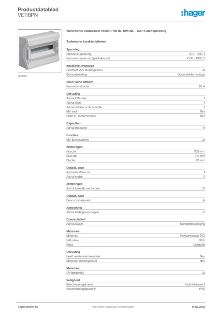 Afbeelding Hager Productdatablad VE118PN | Hager Belgium