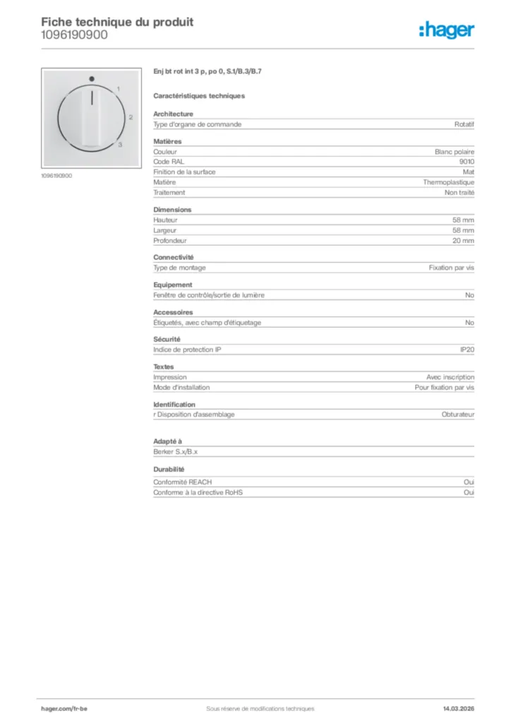 Image Hager Fiche technique du produit 1096190900 | Hager Belgique