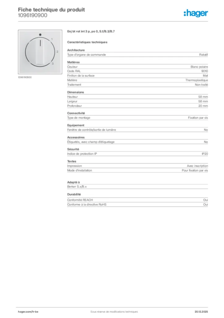 Image Hager Fiche technique du produit 1096190900 | Hager Belgique