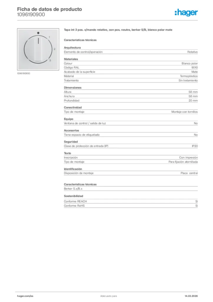 Imagen Hager Ficha de datos de producto 1096190900 | Hager España
