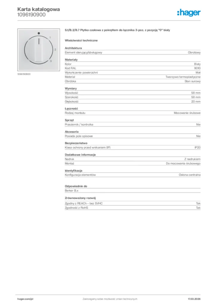 Zdjęcie Hager Karta katalogowa 1096190900 | Hager Polska