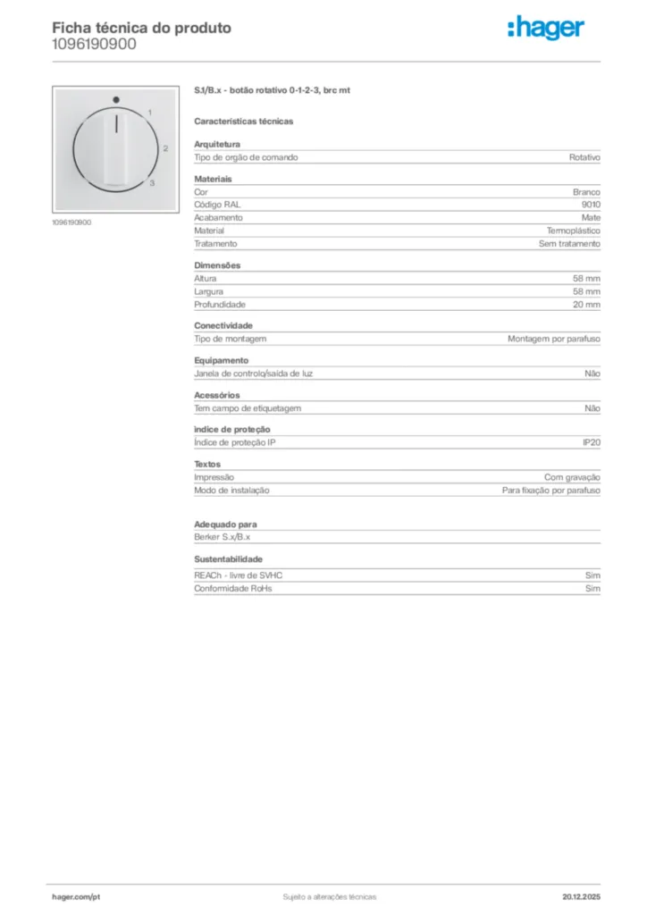 Imagem Hager Ficha técnica do produto 1096190900 | Hager Portugal