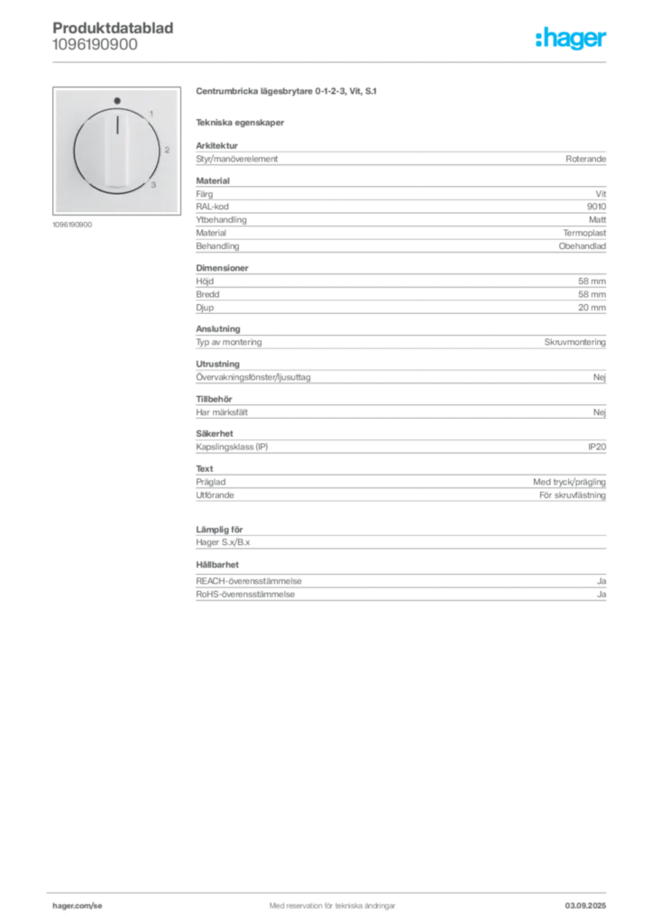 Bild Hager Produktdatablad 1096190900 | Hager Sverige