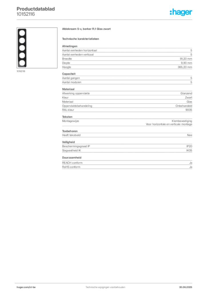 Afbeelding Hager Productdatablad 10152116 | Hager Belgium