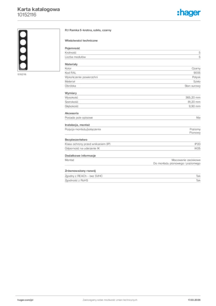 Zdjęcie Hager Karta katalogowa 10152116 | Hager Polska