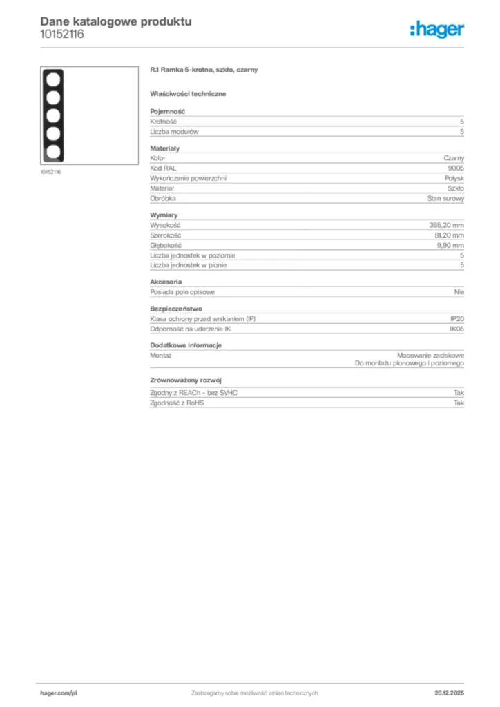 Zdjęcie Hager Dane katalogowe produktu 10152116 | Hager Polska