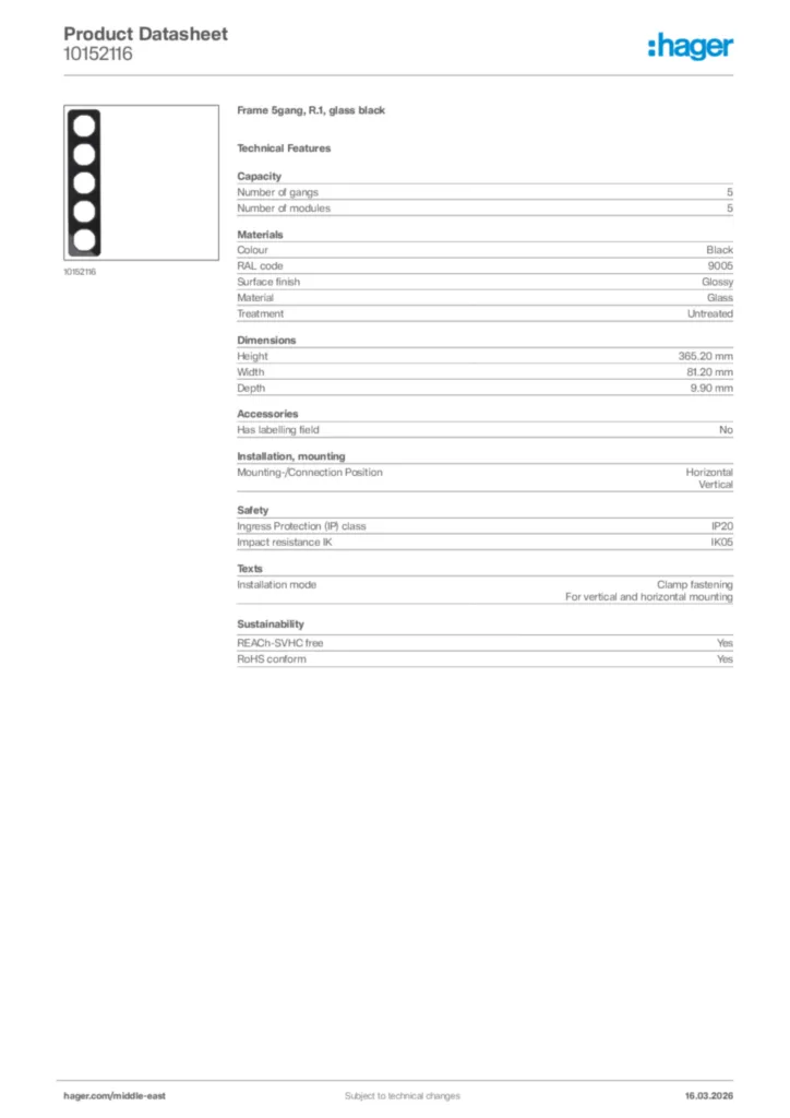 Image Hager Product data sheet 10152116  | Hager