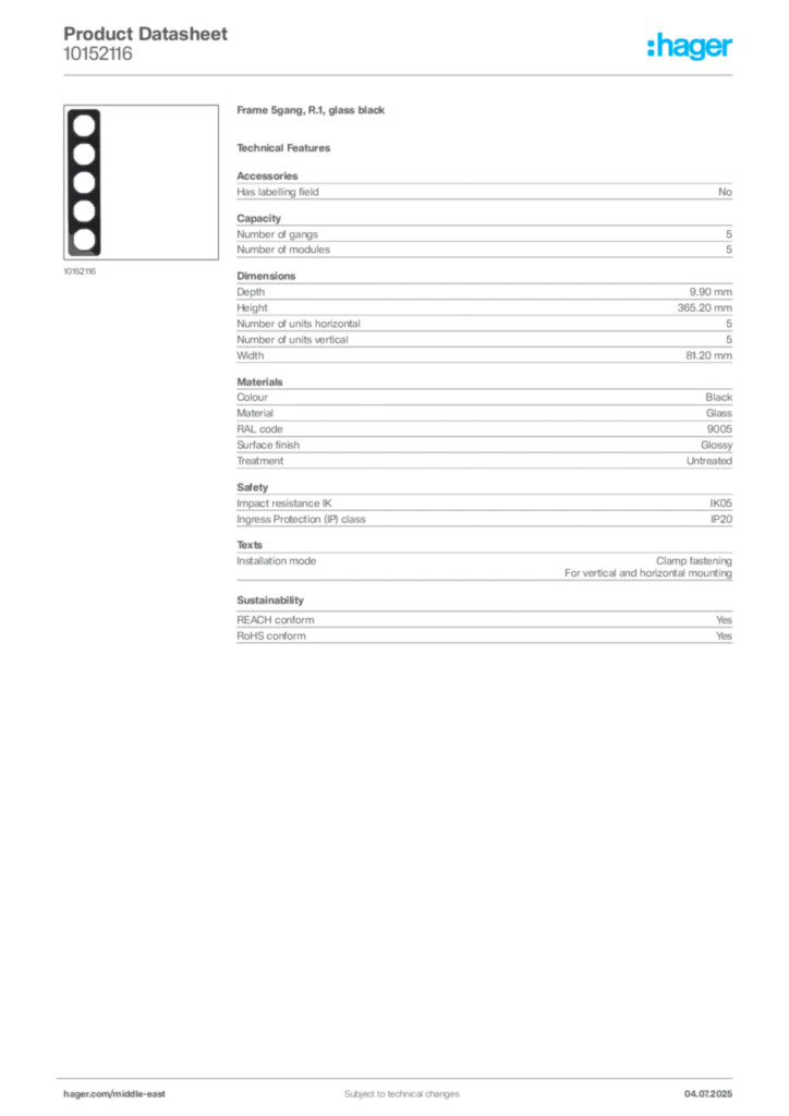 Image Hager Product data sheet 10152116  | Hager