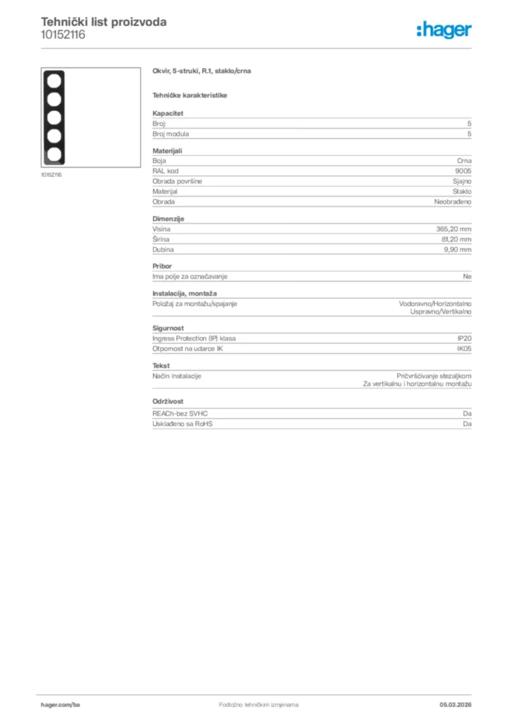 Slika Hager Tehnički list proizvoda 10152116  | Hager