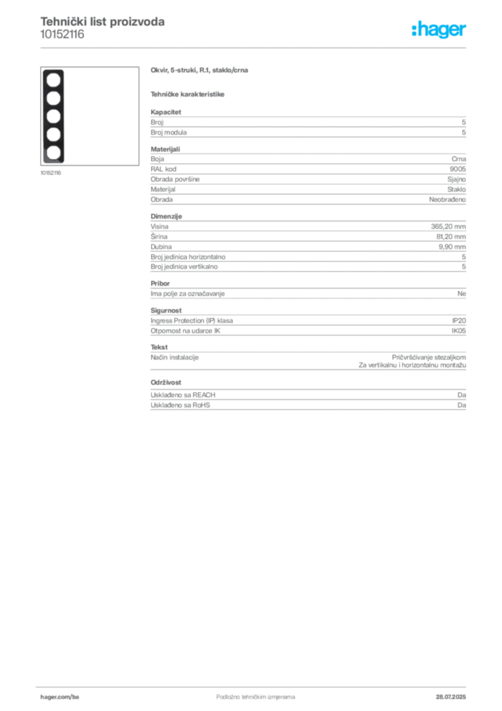 Slika Hager Product data sheet 10152116  | Hager
