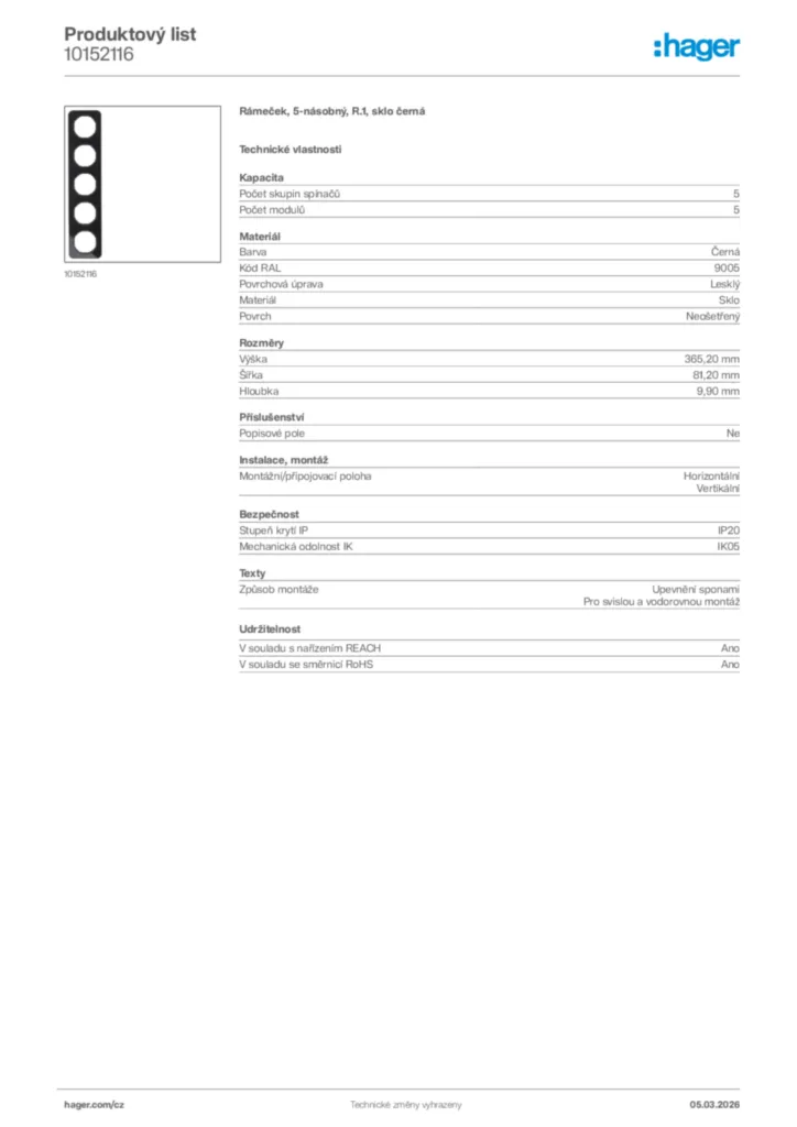 Obrázek Hager Product data sheet 10152116 | Hager