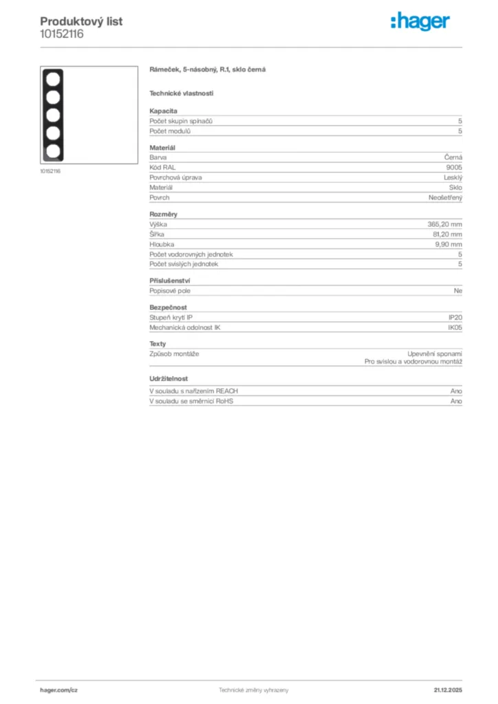 Obrázek Hager Produktový list 10152116 | Hager