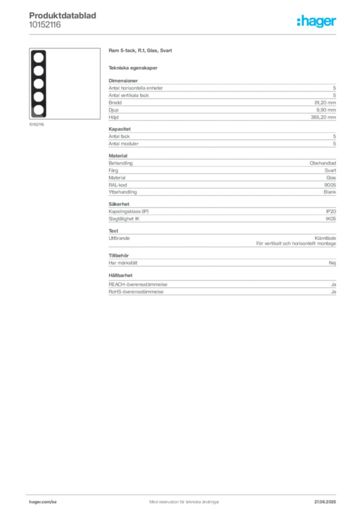 Bild Hager Produktdatablad 10152116 | Hager Sverige
