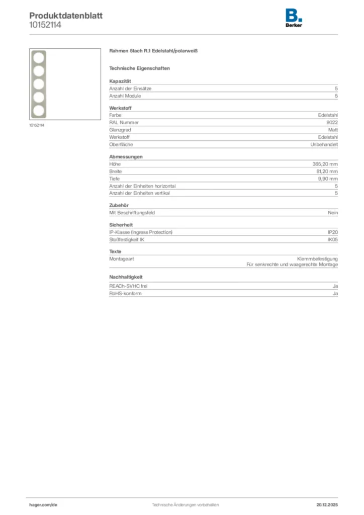 Bild Berker Produktdatenblatt 10152114 | Hager Deutschland