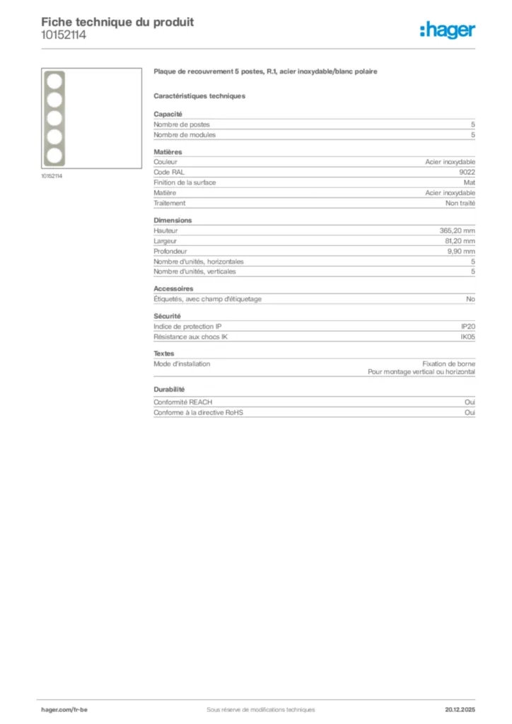 Image Hager Fiche technique du produit 10152114 | Hager Belgique