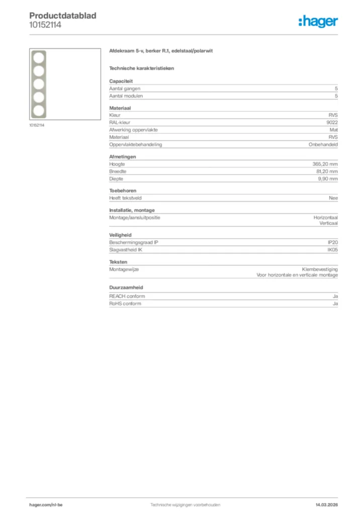 Afbeelding Hager Productdatablad 10152114 | Hager Belgium