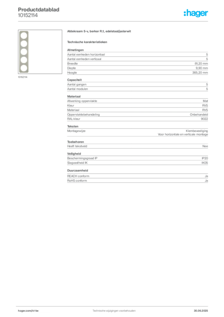 Afbeelding Hager Productdatablad 10152114 | Hager Belgium