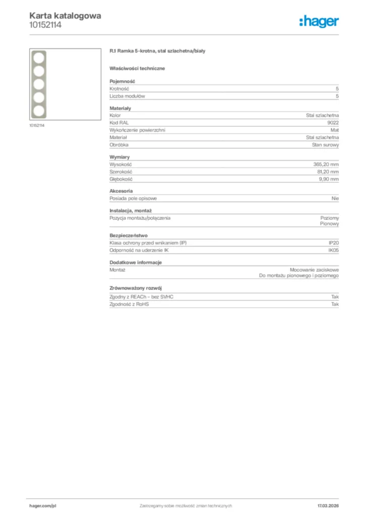 Zdjęcie Hager Karta katalogowa 10152114 | Hager Polska