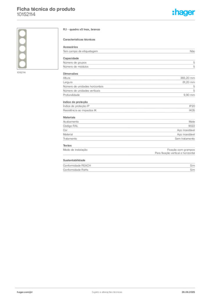 Imagem Hager Ficha técnica do produto 10152114 | Hager Portugal