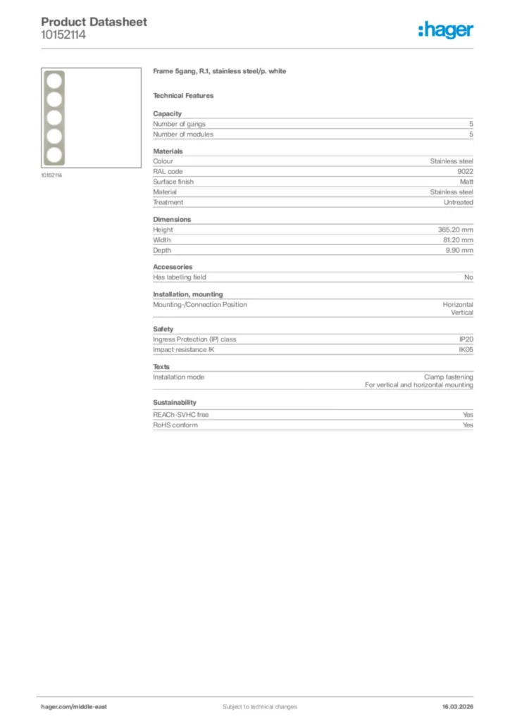 Image Hager Product data sheet 10152114  | Hager