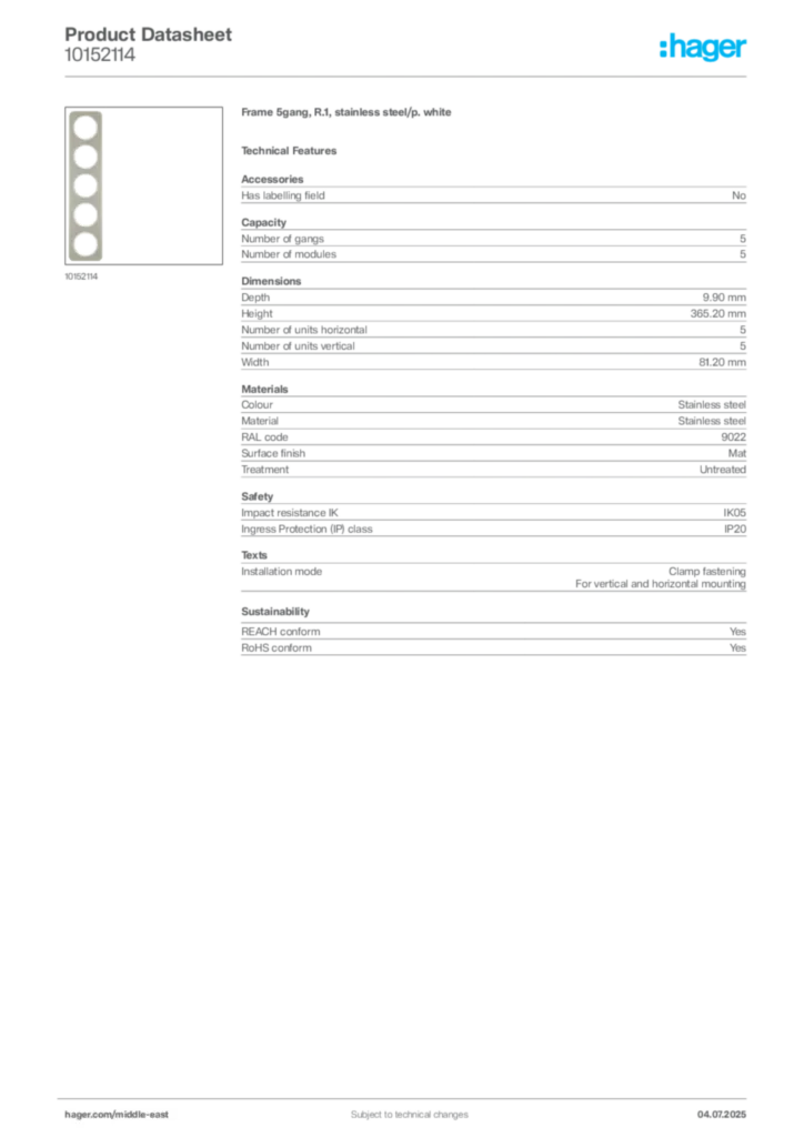 Image Hager Product data sheet 10152114  | Hager