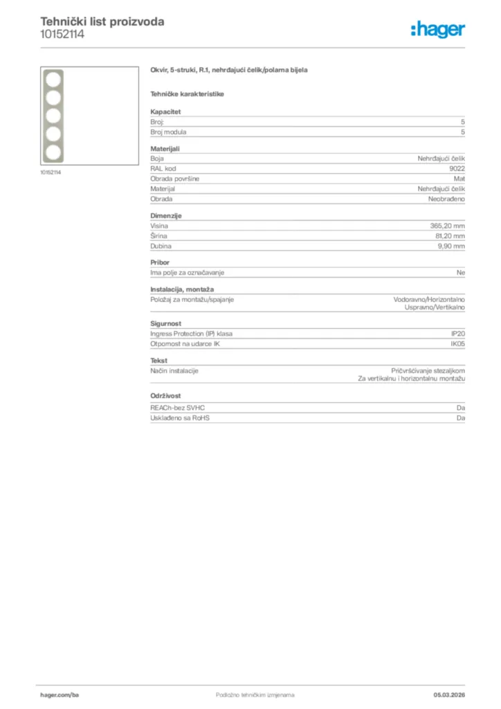 Slika Hager Tehnički list proizvoda 10152114  | Hager