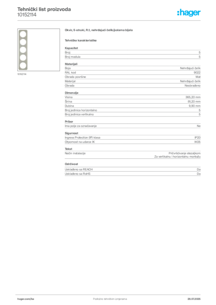 Slika Hager Product data sheet 10152114  | Hager