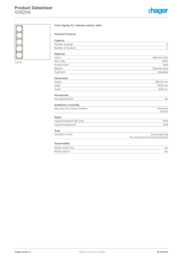 Image Hager Product data sheet 10152114  | Hager