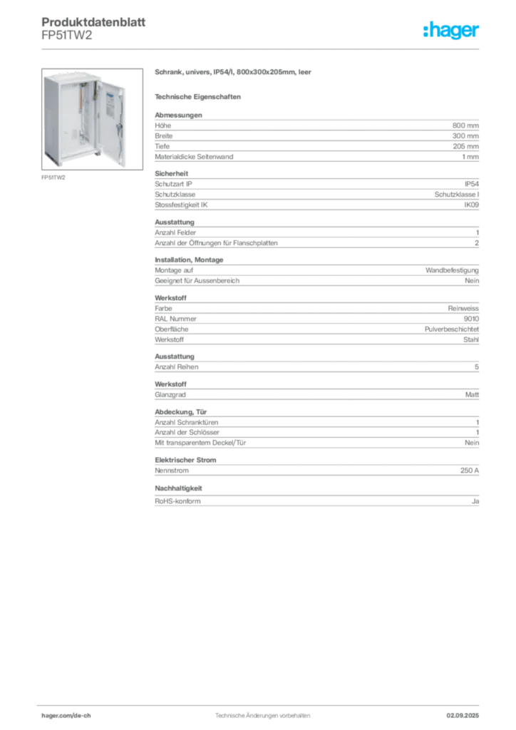 Bild Hager Produktdatenblatt FP51TW2 | Hager Schweiz