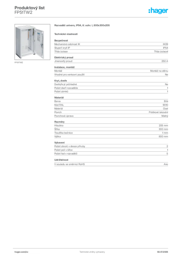 Obrázek Hager Produktový list FP51TW2 | Hager