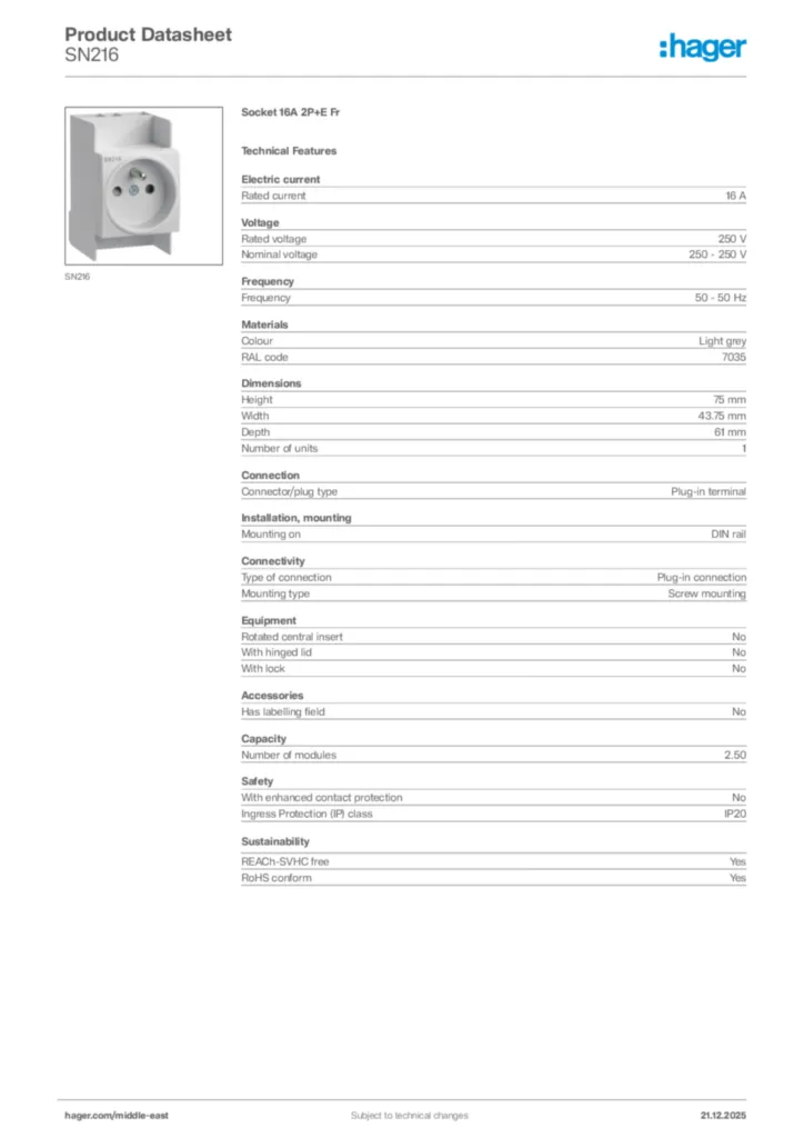 Image Hager Product data sheet SN216  | Hager