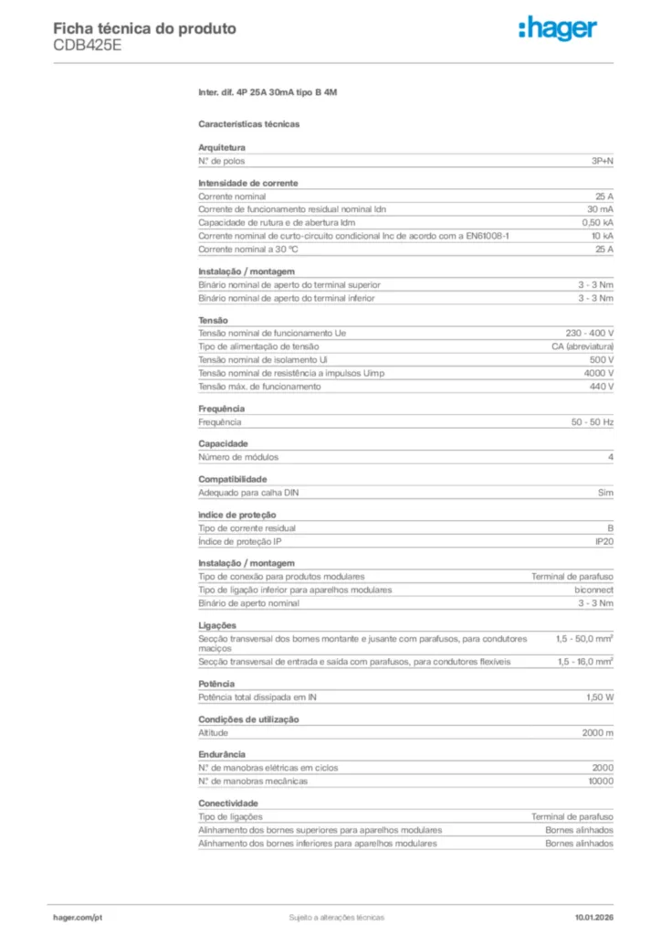 Imagem Hager Ficha técnica do produto CDB425E | Hager Portugal