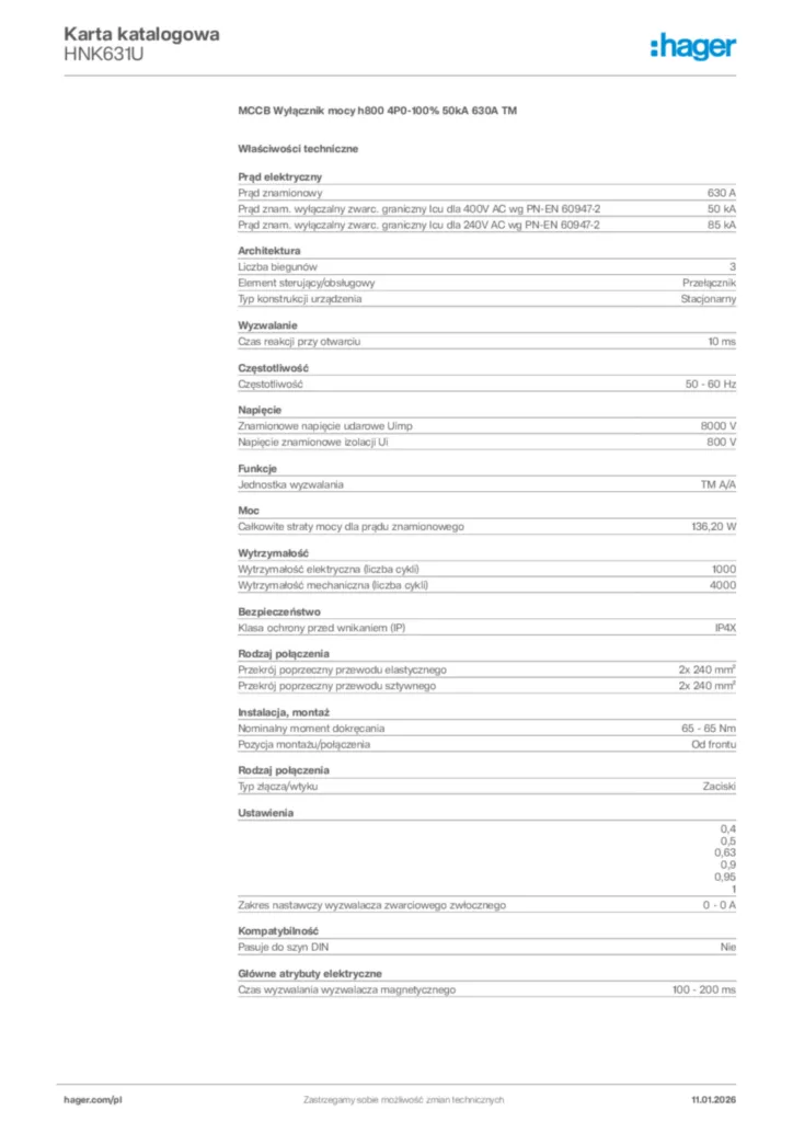 Zdjęcie Hager Karta katalogowa HNK631U | Hager Polska