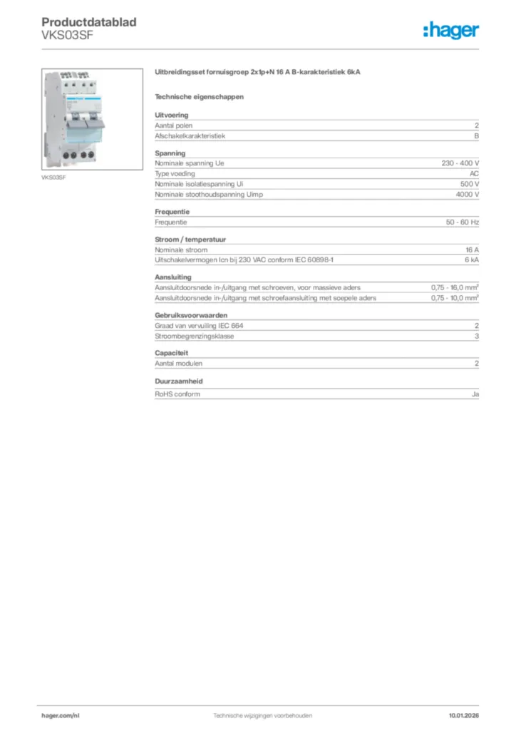 Afbeelding Hager Productdatablad VKS03SF | Hager Nederland